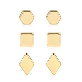 Gold Stud Earrings for Women Girls, Hypoallergenic Small Square Hexagonal Rhombus Flat Pad Studs Set Multiple Piercing,3 Pairs