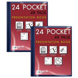24 Pocket Bound Presentation Book, Blue with Clear View Front, 48 Sheet Protector Pages, 8.5" x 11" Sheets, by Better Office Products, Art Portfolio, Durable Poly Covers, Letter Size, Blue (2 Pack)