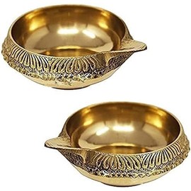 Divyakosh Kuber Brass Diya for Puja, Set of 2, Akhand Diya for Puja, with Cotton Wicks| Deepak for Pooja Diwali Gift Item - Candle Holders, Home Temple Decor, Temple Diya, Aarti Diya