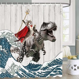 JAWO Funny Cat Shower Curtain, Japanese Ocean Wave Cat Riding Dinosaur Shower Curtain Nautical Kids Children Rustic Wooden Farmhouse Fun Shower Curtains, 72X72inch