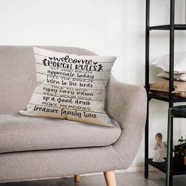 Mancheng-zi Porch Rules Rustic Wood Throw Pillow Case, Housewarming Gift, 18 x 18 Inch Farmhouse Porch Decor Cotton Linen Cushion Cover for Sofa Couch Bed