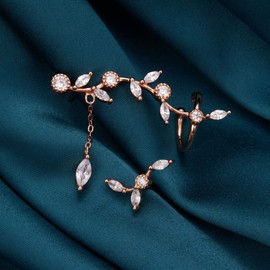 BISAER 925 Sterling Silver Ear Crawler - Cuff Earrings Cubic Zirconia Ear Climber Earrings for Women Jewelry Gifts (Rose Gold Elegant Leaf)