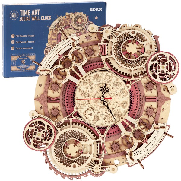 ROKR 3D Wooden Puzzles for Adults,Wooden Clock Puzzle Kit,Wood Model Kits for Adults to Build,Zodiac Wall Clock Wood Puzzles for Adults,Engineering Building Clock Kits for Kids,Hobbies for Men Women