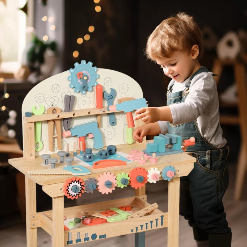 KIDS TOYLAND Wooden Power Tool Workbench for Kids, Building Tools