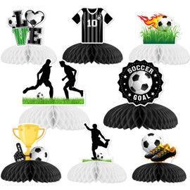 JOYMEMO 8Pcs Black White Soccer Theme Honeycomb Centerpieces, Love Soccer Ball Printed Table Toppers for Boys Birthday Baby Shower Sports Theme Party Decorations Supplies