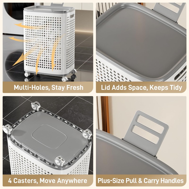 Laundry Basket with Wheels & Lid, Rolling Clothes Hamper with