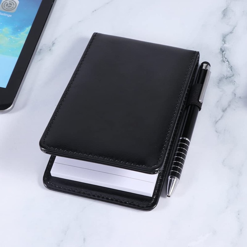 Mini Pocket Notebook, A7 Leather Notebook with Metal Pens, Holder