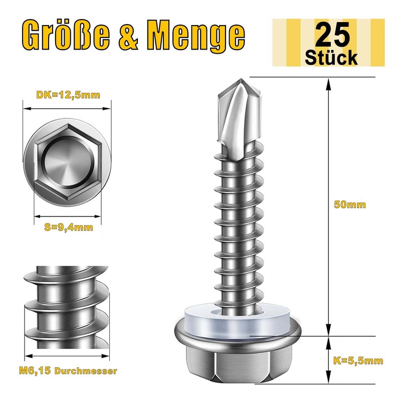 Pack of 25 Self-Tapping Screws 6.3 x 50 mm, Hexagonal