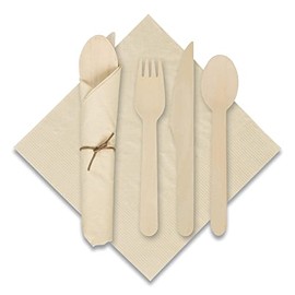 Hoffmaster-120030 6" x 6" CaterWrap Pre-Rolled Kraft Napkins with Wood Cutlery, 100ct