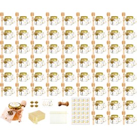 Adabocute 60 Pack Mini Hexagonal Honey Jars with Dippers - Elegant Glass Jars with Gold Lids, Wooden Dippers, Jutes, Bee Charms, Beige Bags - Perfect Party Favors for Baby Showers, Weddings Showers