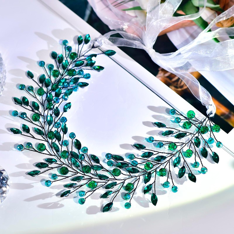 JHOO Bride Wedding Hair Accessories Emerald Rhinestone Headband Elegant Bridal