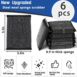 Kitchen Sponges for Dishes - Steel Wool Scrubber Sponges for Kitchen Heavy Duty Non-Scratch Scrubbing Cleaner (6 Pack)