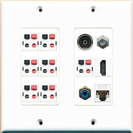 RiteAV HDMI Cat5E Coax RCA Blue 7 Speaker Jack Toslink Wall Plate White