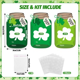 Whaline 45 St. Patrick's Day Self-Adhesive Goodie Bags with Shamrock Clover Mason Jar Paper Cards Gradient Green Candy Holder Craft Set for DIY Irish Party Treat Exchange Favors, Non-Candy