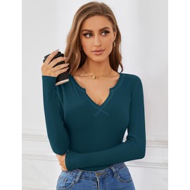 AKEWEI Womens Casual Tops Fitted V Neck Layering Long Sleeve Shirts For Women Cute Soft Simple Cotton Shirts Dark Blue L