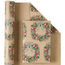 RUSPEPA Kraft Christmas Wrapping Paper Roll, Mini Roll, Wreath Design with Pinecone, Berry & Polka Dot Bow, Kraft Gift Wrap for Kids, Women, Holiday, Winter Party, Rustic Theme, 17 Inches x 16.4 Feet