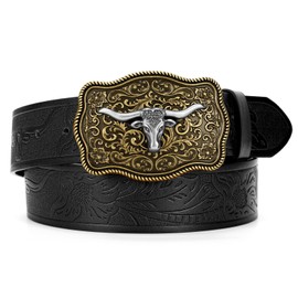 SUOSDEY Western Cowboy Leather Belts for Men Women Texas Longhorn Bull Buckle Floral Engraved Embossed Leather Belt for Jeans