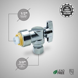 Midline Valve VQBTD1238 Push-Fit Water Supply Stop Valve; lead-free; One Piece Design; Angle Shut-off for Toilet, Sink, Dishwasher, Heater; 1/2 in. Push x 3/8 in. Comp; Chrome Plated Brass