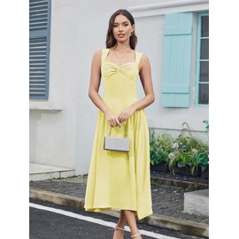 YHHOWEP Women Summer Formal Dress Sweetheart Neckline Spaghetti Straps Sleeveless Ruched A Line Flowy Wedding Guest Midi Corset Tank Dress with Pockets Yellow M