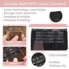 Silk-co Clip in Hair Extensions Real Human Hair Remy Double Weft With Lace Coverd Clip in Silky Straight Natural Thick Hair Seamless 7pcs 16Clips 90g Extension for Women 12Inch #01 Jet Black