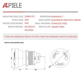 APIELE 22mm Metal Emergency Stop Push Button Swicth Latching 12V-250V Stianless Steel 7/8" Mouting Hole 1 Pack