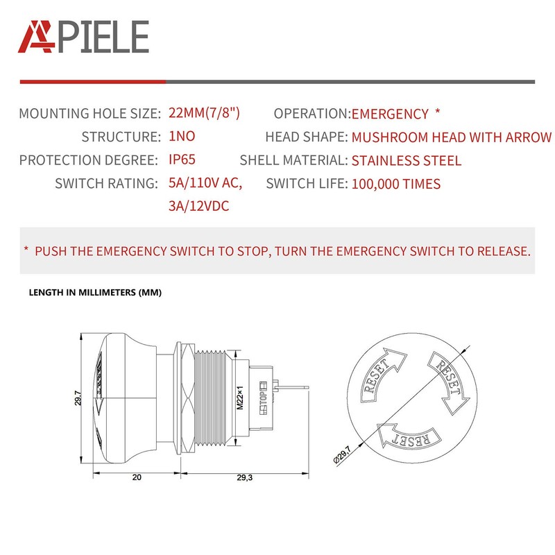 APIELE 22mm Metal Emergency Stop Push Button Swicth Latching 12V-250V