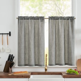 TOPICK Half-Curtains, Bistro Curtains, Linen Look Window Curtains, Gauze Window Scarves, Semi-Transparent, Window Scarves, Kitchen, Living Room, Country House, Set of 2, 63 (W) x 60 (H) (cm), Grey