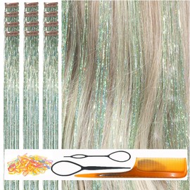 CelineBella Clip In Hair Tinsel Green Tinsel Hair Extensions 80 Strands/Pcs Very Cute for Kids Girls Cosplay Party Christmas (Light Green, 24 Inch Pack of 12Pcs)