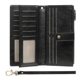 GOIACII Women's Large Long Format Leather Wallet with RFID Protection, Purse for Women with 16 Card Slots and Hand Strap, black