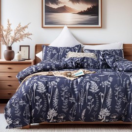 JANZAA Queen Comforter Set Navy Blue Comforter Floral Bedding Sets 3 Pieces Flowers Bed Comforter 1 Soft Reversible Cute Botanical with 2 Pillow Shams