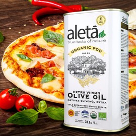 Aleta, Organic PDO Extra Virgin Olive Oil, Certified Single Estate Messara Valley Greece, Award-Winning Traceable & Kosher, 1 Lt (33.8 oz.) Tin