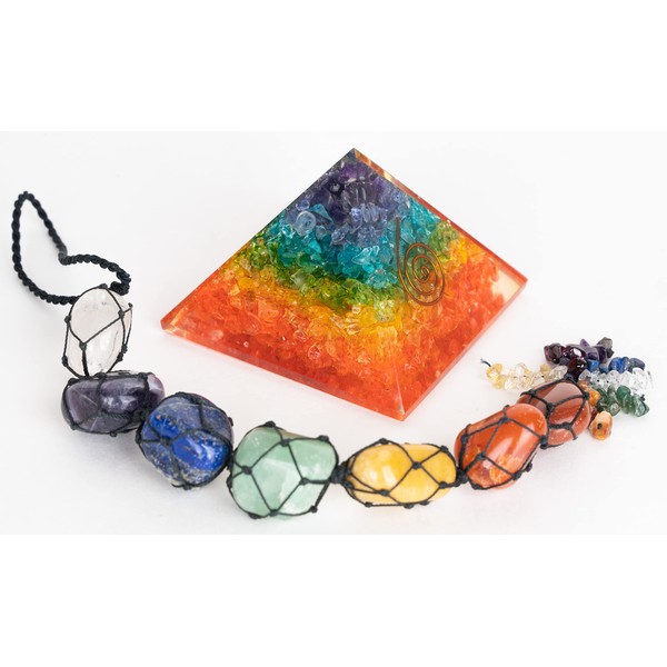 World of Crystals Seven Chakra Onyx Orgone Crystal Pyramid with 7 Chakra Symbol for Reiki Healing & Car Décor