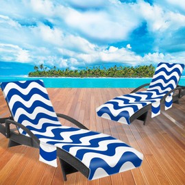 Ruikyhom Lounge Chair Towel Cover, Wavy Striped Chaise Lounge Cover (Pack of 2), Beach Chair Covers with 3 Pockets for Pool Sunbathing Beach Garden Courtyard Outdoor Trips, 85 x30 in, Blue