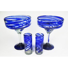 Eye4Art Mexican Margarita Glasses and matching tequila shot glasses Blue Swirl design set of 4