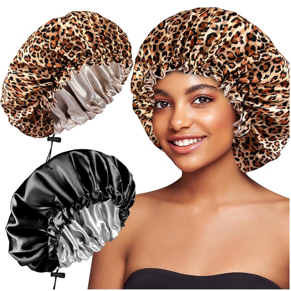 2pcs Reversible Large Satin Bonnet for Sleeping, Adjustable Drawstring Silky
