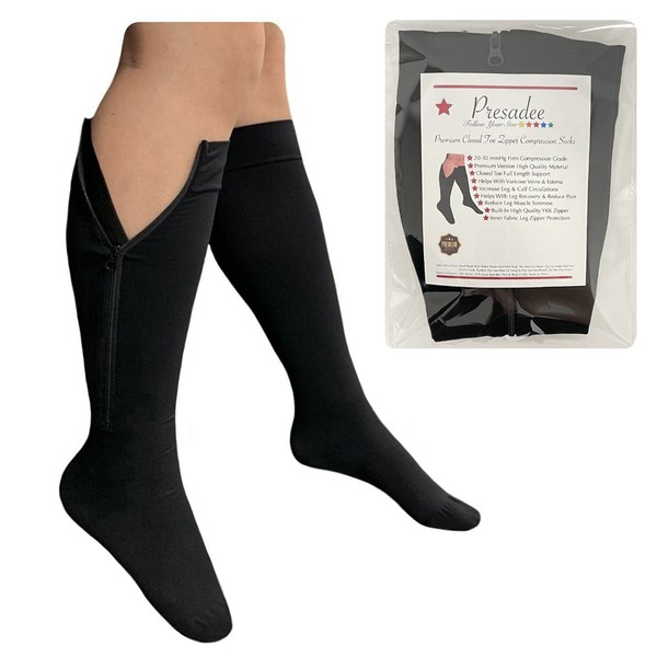 Presadee Premium Closed Toe 20-30 mmHg Firm Compression Zipper Leg Pain Socks (Black, L/XL)