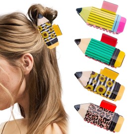 Tihebax Pencil Hair Clips 4Pcs Teacher Hair Claw Clips for Women Funny Cute Teacher Hair Accessories for Women & Students Back to Schoo(Yellow, Green, Sunflower,Leopard Print)