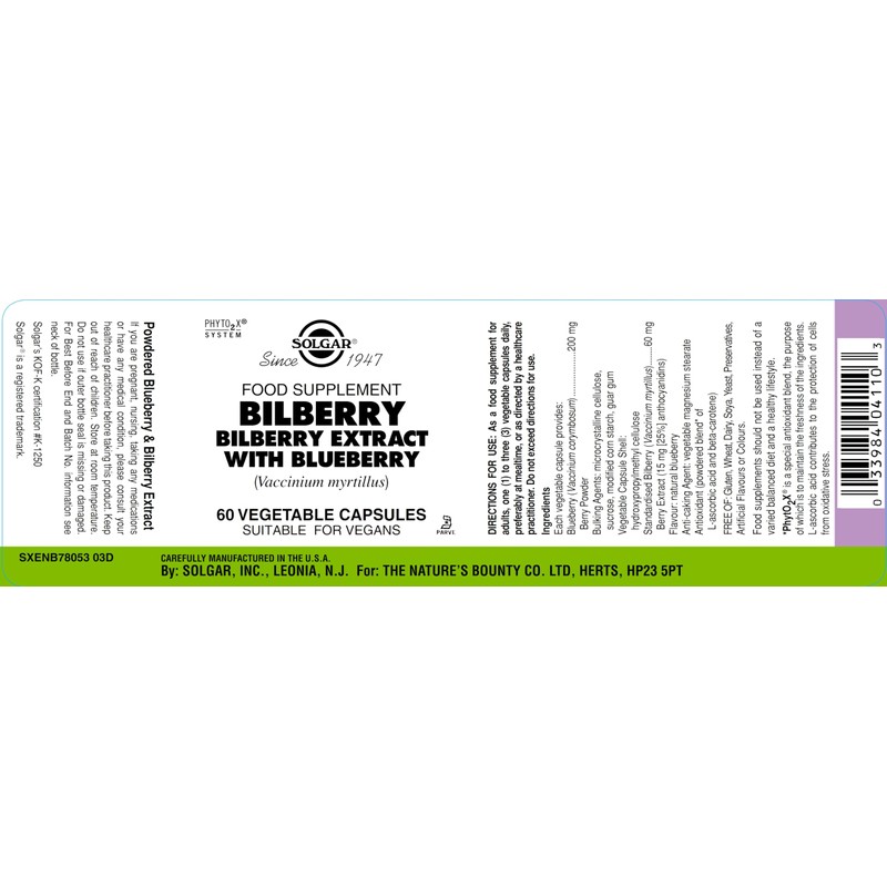 Solgar Bilberry Berry Extract with Blueberry Vegetable Capsules - Pack