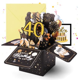 OFFCUP Happy 40th Birthday Pop-Up Greeting Card, 40 Years Old Birthday Card with Notes & Envelope, 3D Pop-Up Cards Gifts for Wife Daughter Husband Mother Father Women Men Friend (Black)