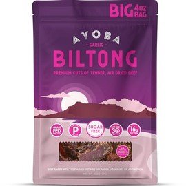 Ayoba Garlic Grass Fed Beef Biltong Slices (4 Ounce, Pack of 1) - Keto Friendly Air-Dried Grass Fed Beef Paleo Snacks - Gluten Free, Whole 30 Approved, Sugar free, No Carb Meat Snacks