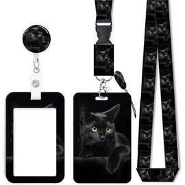 ID Badge Holder with Retractable Lanyard, Badge Holders Reel with 360 Degrees Rotate Carabiner Clip for Women, Teachers, Nurses, Doctor,Students, Office(Cute Black Cat)