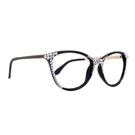 Cattitude Bling Cat Eyes, Women Reading Glasses Adorned W (AB) Genuine European Crystals (Black) Frame, NY Fifth Avenue. (+2.25)