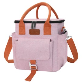 Joymee Insulated Lunch Bag for Women/Men, Waterproof Lunch Box for Office Work Picnic Beach, Reusable Large Leakproof Cooler Tote Bag with Adjustable Shoulder Strap & Side Pocket, Pink