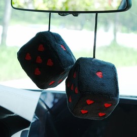 Pair 3” Fuzzy Plush Dice Heart Shape Decor for Car Rearview Mirror, Retro Square Decoration Dice for Car Hanging Accessories (Black-Red)
