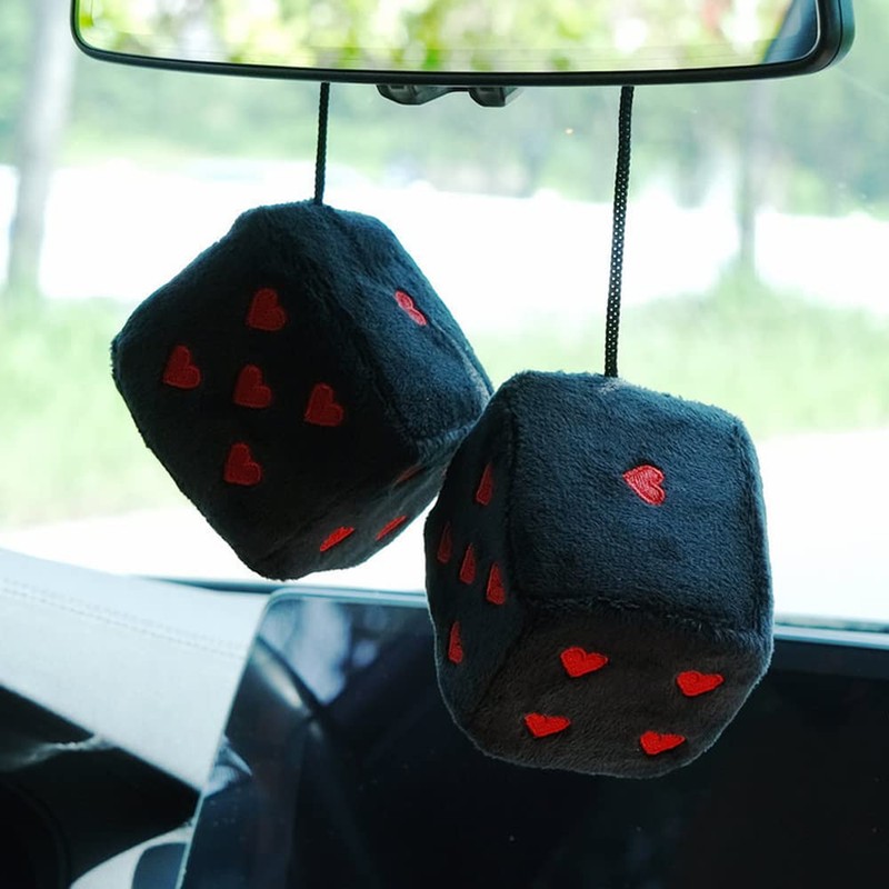 Pair 3” Fuzzy Plush Dice Heart Shape Decor for Car