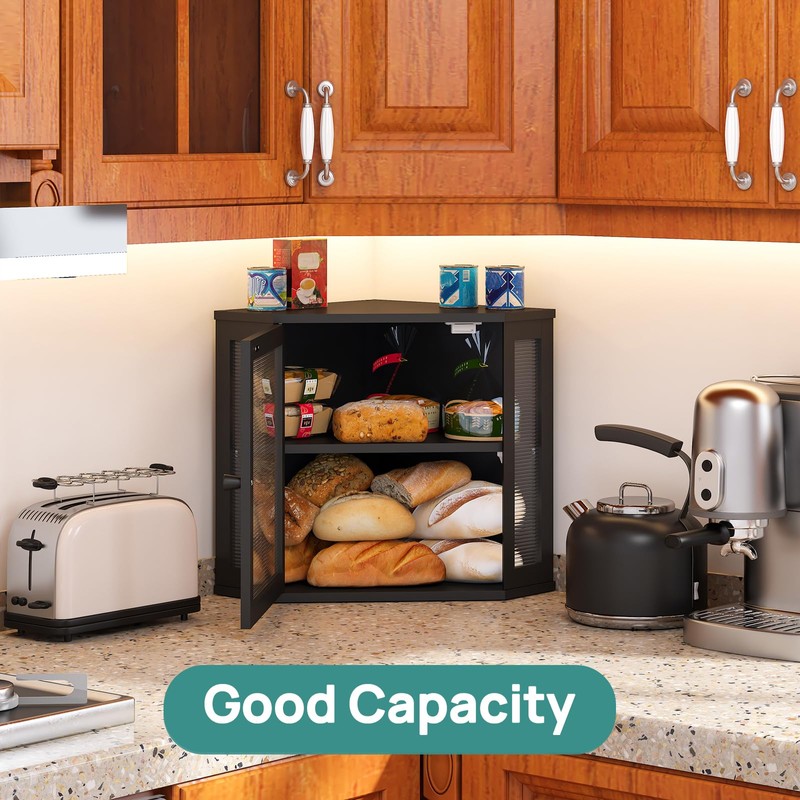 viewcare Corner Bread Box for Kitchen Counter, Bamboo Wood Black