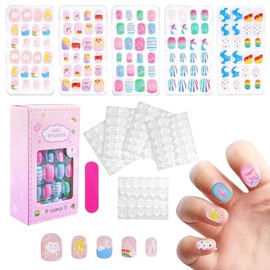 HASTHIP® Townley Girl 120 piezas Uñas Postizas para Niñas,Uñas Acrílicas Metálicas y con Purpurina,5 Diseños de Dibujos Animados Kit de Prepegadas con