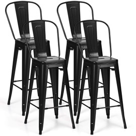 COSTWAY Metal Bar stools Set of 4, with Removable Back, Cafe Side Chairs with Rubber Feet, Stylish and Modern Chairs, for Kitchen, Dining Rooms, and Side Bar (Black-Update, 30'')