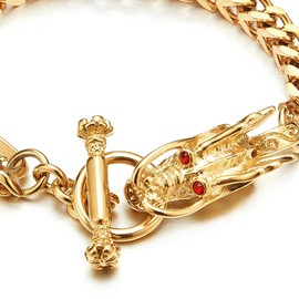 Gothic Biker Men Steel Gold Color Dragon Curb Chain Bracelet with Red Cubic Zirconia Toggle Clasp（CA）