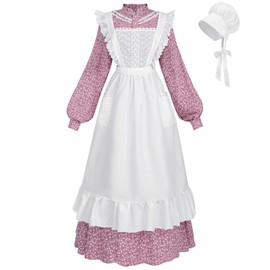 FCCAM Pioneer Colonial Costume for Women Floral Prairie Dress American Historical Modest Civil War Dress Pink XL